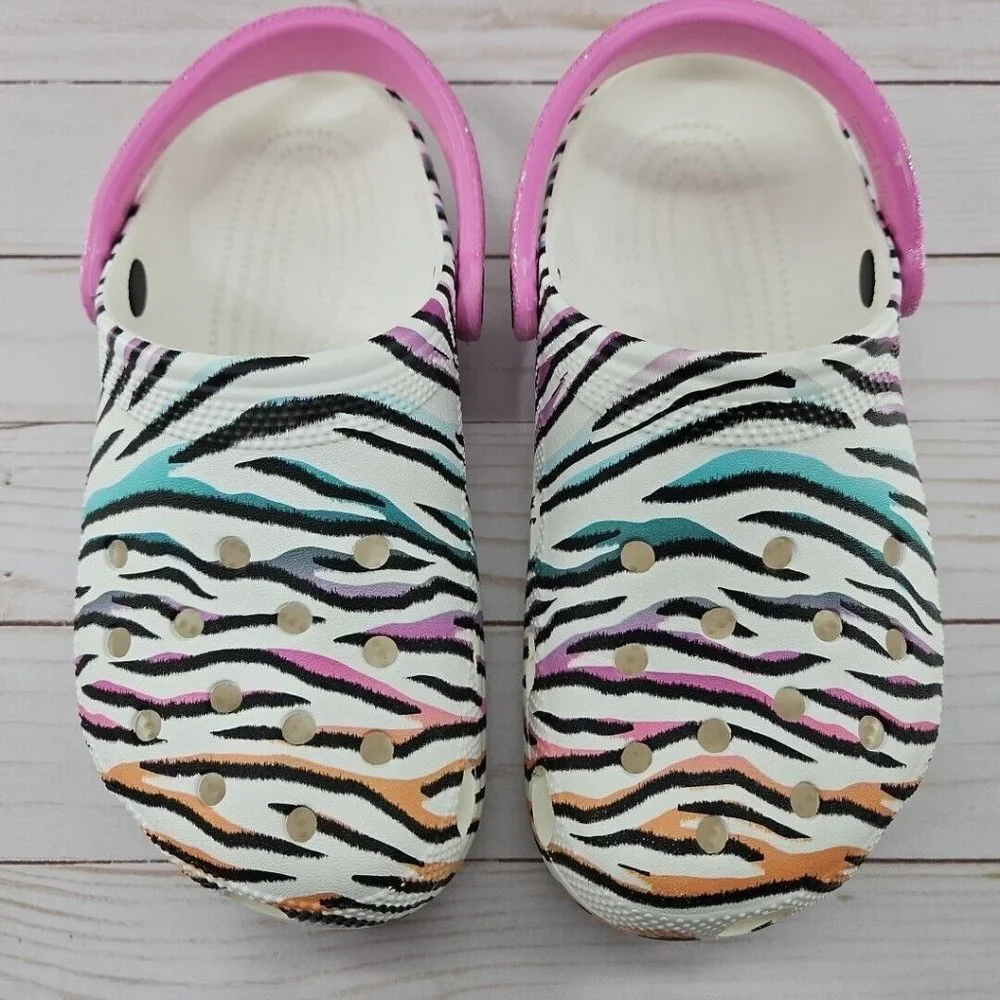 Crocs Kids Classic Size J5 Zebra Animal Print Striped Glitter‎ Clogs